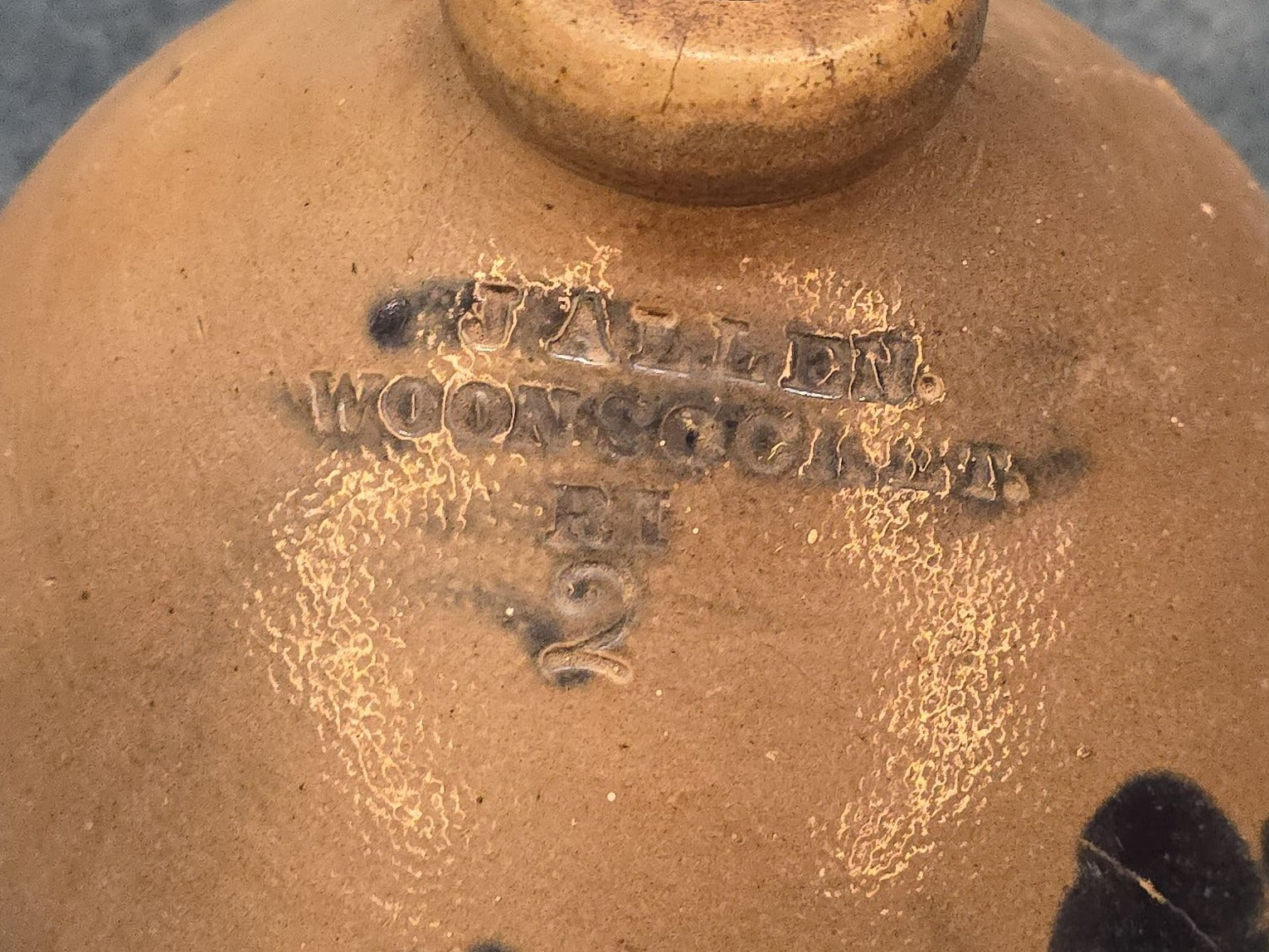 Antique J. Allen, Woonsocket, Rhode Island Two-Gallon Stoneware Jug with Cobalt Floral Decoration, Note Damage