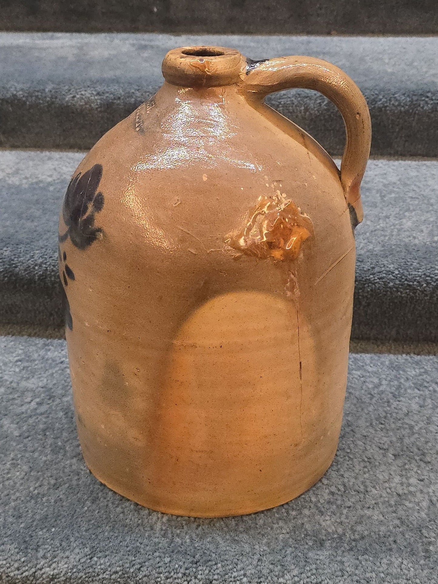 Antique J. Allen, Woonsocket, Rhode Island Two-Gallon Stoneware Jug with Cobalt Floral Decoration, Note Damage
