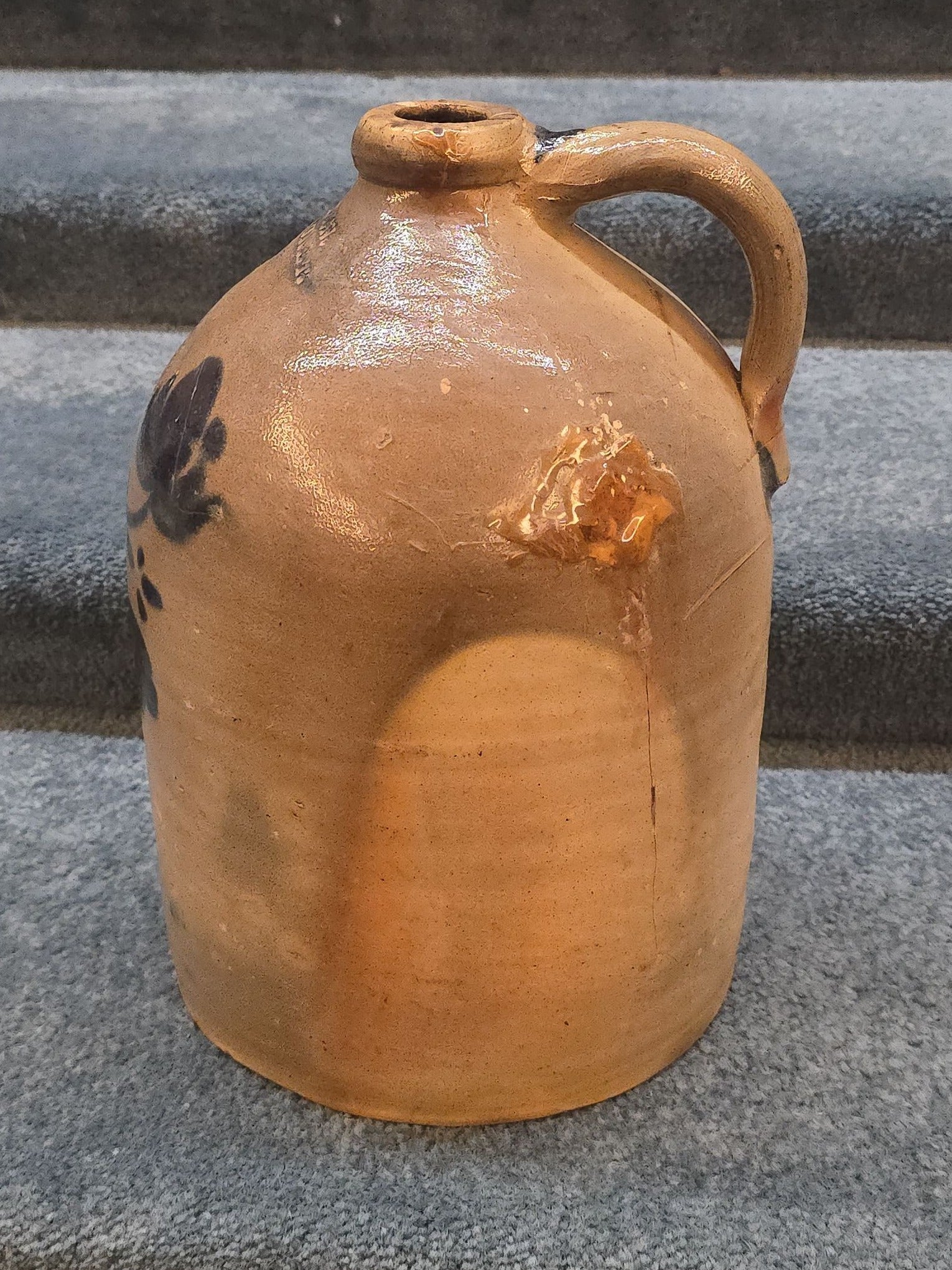 Antique J. Allen, Woonsocket, Rhode Island Two-Gallon Stoneware Jug with Cobalt Floral Decoration, Note Damage