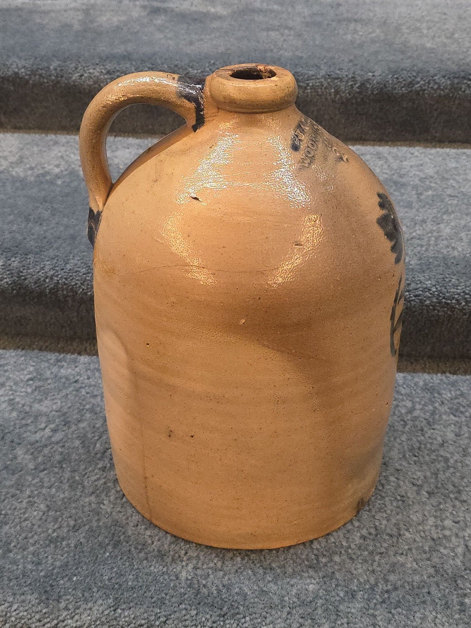 Antique J. Allen, Woonsocket, Rhode Island Two-Gallon Stoneware Jug with Cobalt Floral Decoration, Note Damage