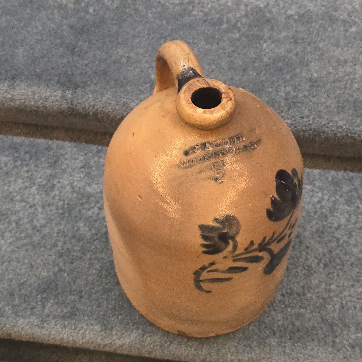Antique J. Allen, Woonsocket, Rhode Island Two-Gallon Stoneware Jug with Cobalt Floral Decoration, Note Damage