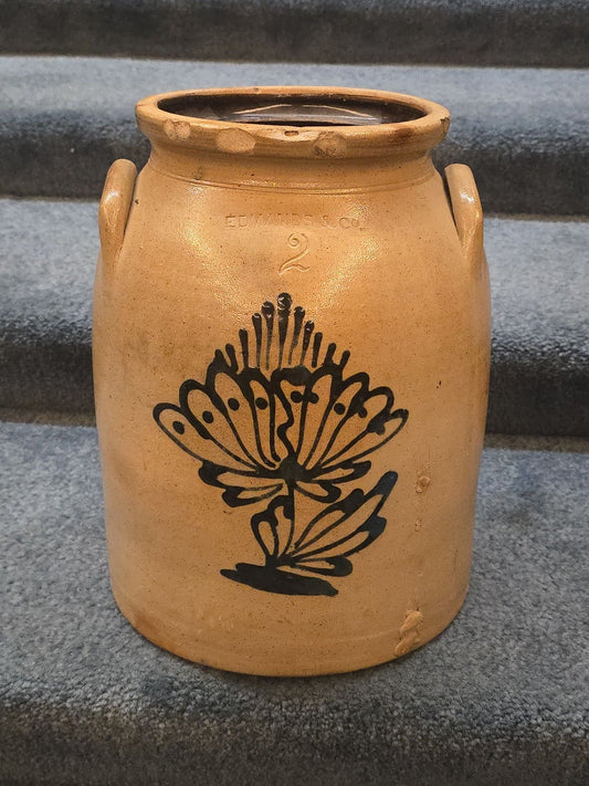 Antique Edmands & Co., Charlestown, Massachusetts Two-Gallon Stoneware Crock with Cobalt Floral Decoration, Note Damage