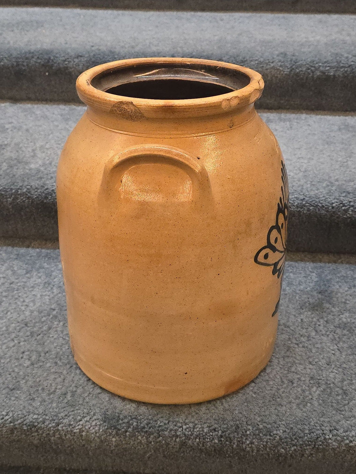 Antique Edmands & Co., Charlestown, Massachusetts Two-Gallon Stoneware Crock with Cobalt Floral Decoration, Note Damage
