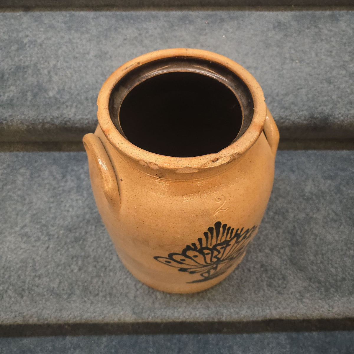 Antique Edmands & Co., Charlestown, Massachusetts Two-Gallon Stoneware Crock with Cobalt Floral Decoration, Note Damage