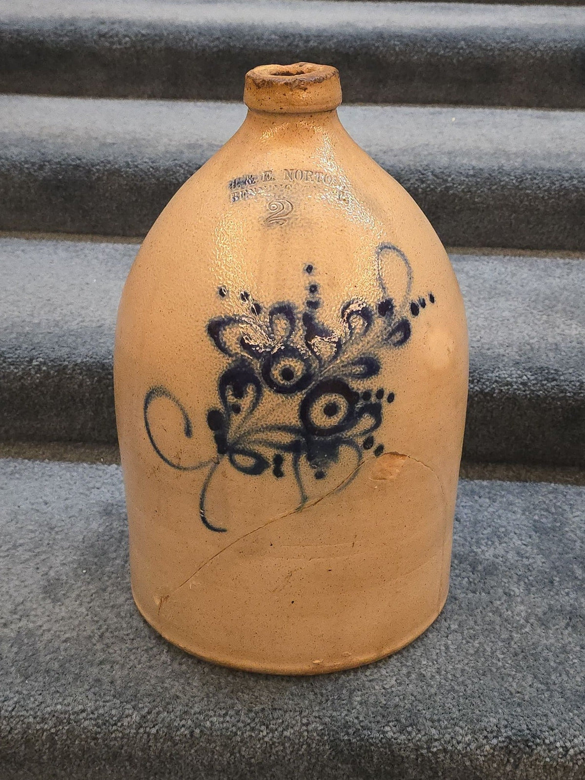 Antique J. & E. Norton, Bennington, Vermont Two-Gallon Stoneware Jug with Cobalt Floral Decoration, Note Damage