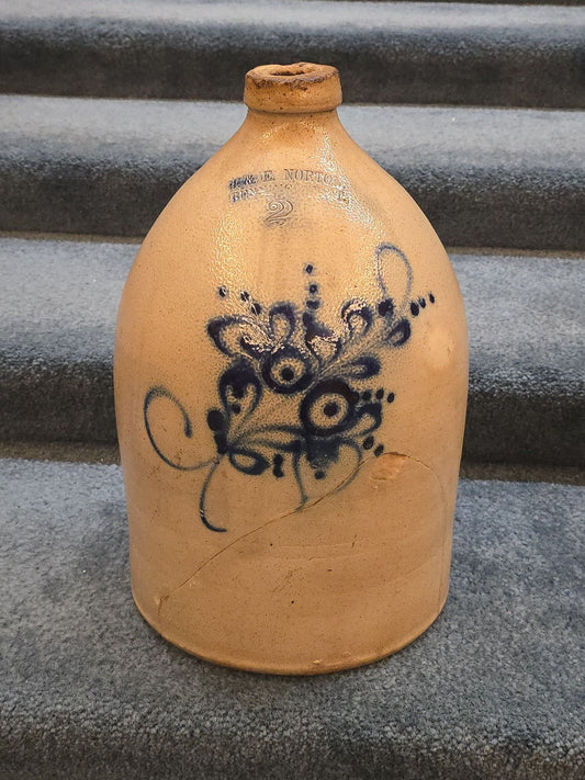 Antique J. & E. Norton, Bennington, Vermont Two-Gallon Stoneware Jug with Cobalt Floral Decoration, Note Damage