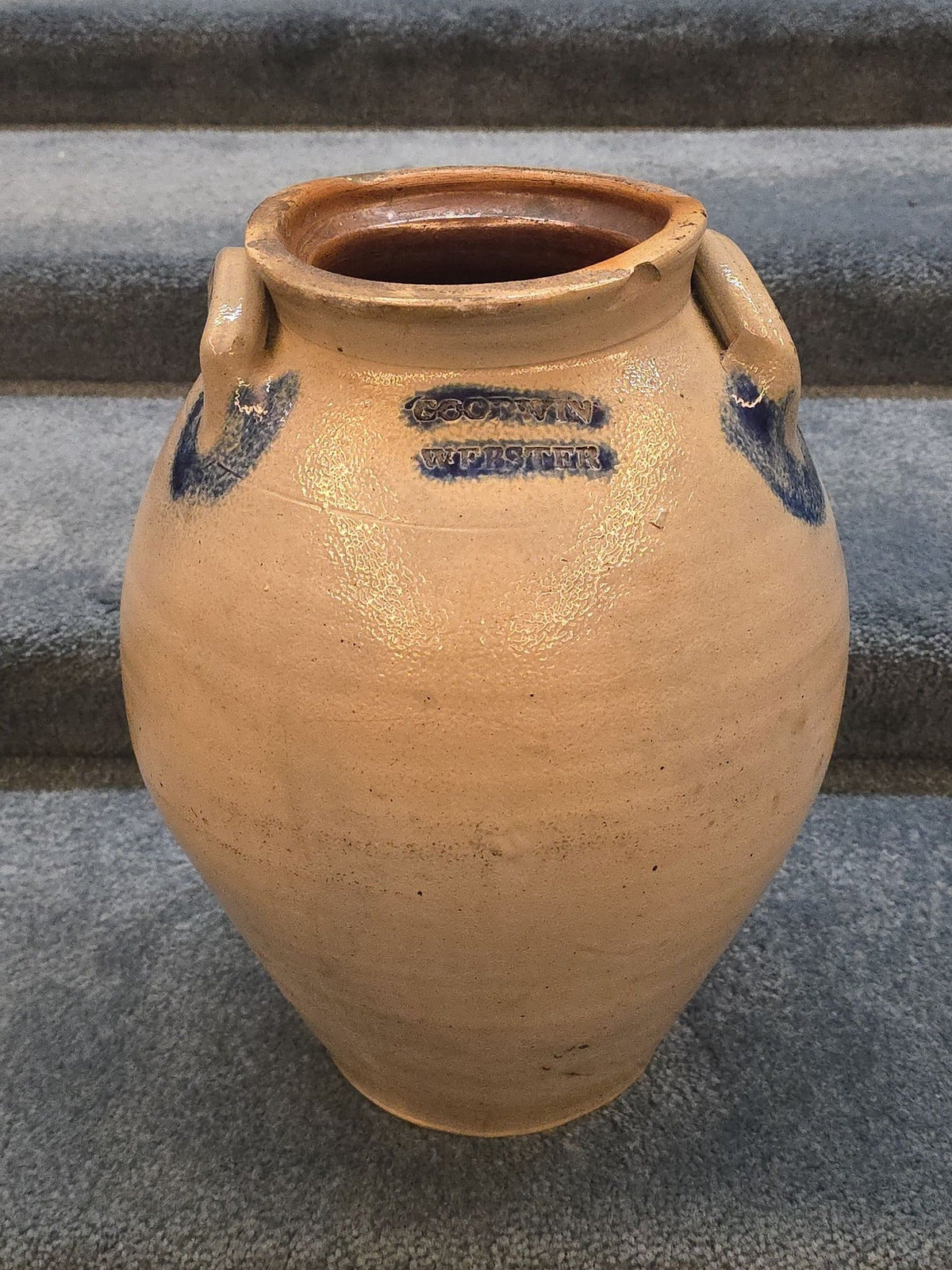 Antique Goodwin & Webster, Hartford, Connecticut Stoneware Ovoid Jar with Cobalt Floral Decoration, Note Damage