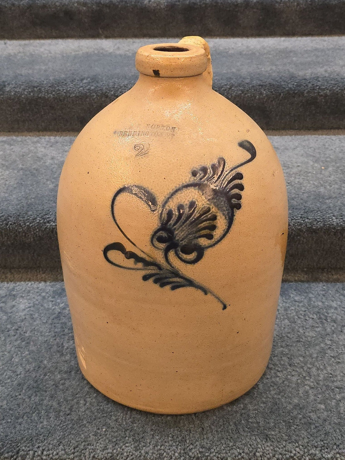 Antique J. & E. Norton, Bennington, Vermont Two-Gallon Stoneware Jug with Cobalt Floral Decoration, Note Damage