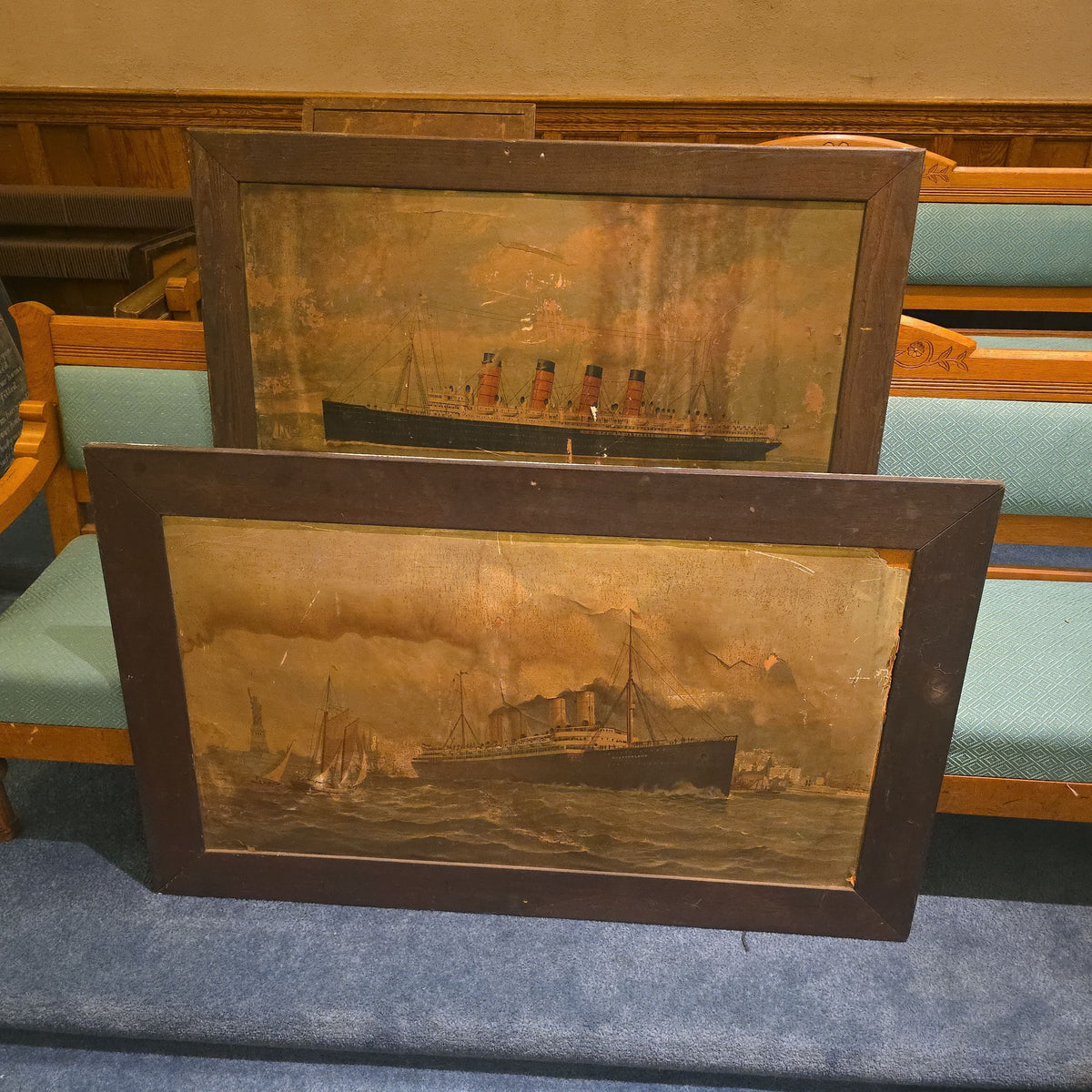 Pair of Antique Framed Ocean Liner Prints including Cunard Line Mauretania and S.S. Deutschland in New York Harbor, Note Poor Condition