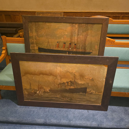 Pair of Antique Framed Ocean Liner Prints including Cunard Line Mauretania and S.S. Deutschland in New York Harbor, Note Poor Condition