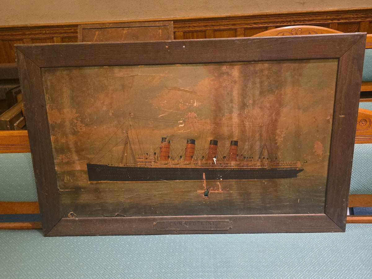 Pair of Antique Framed Ocean Liner Prints including Cunard Line Mauretania and S.S. Deutschland in New York Harbor, Note Poor Condition