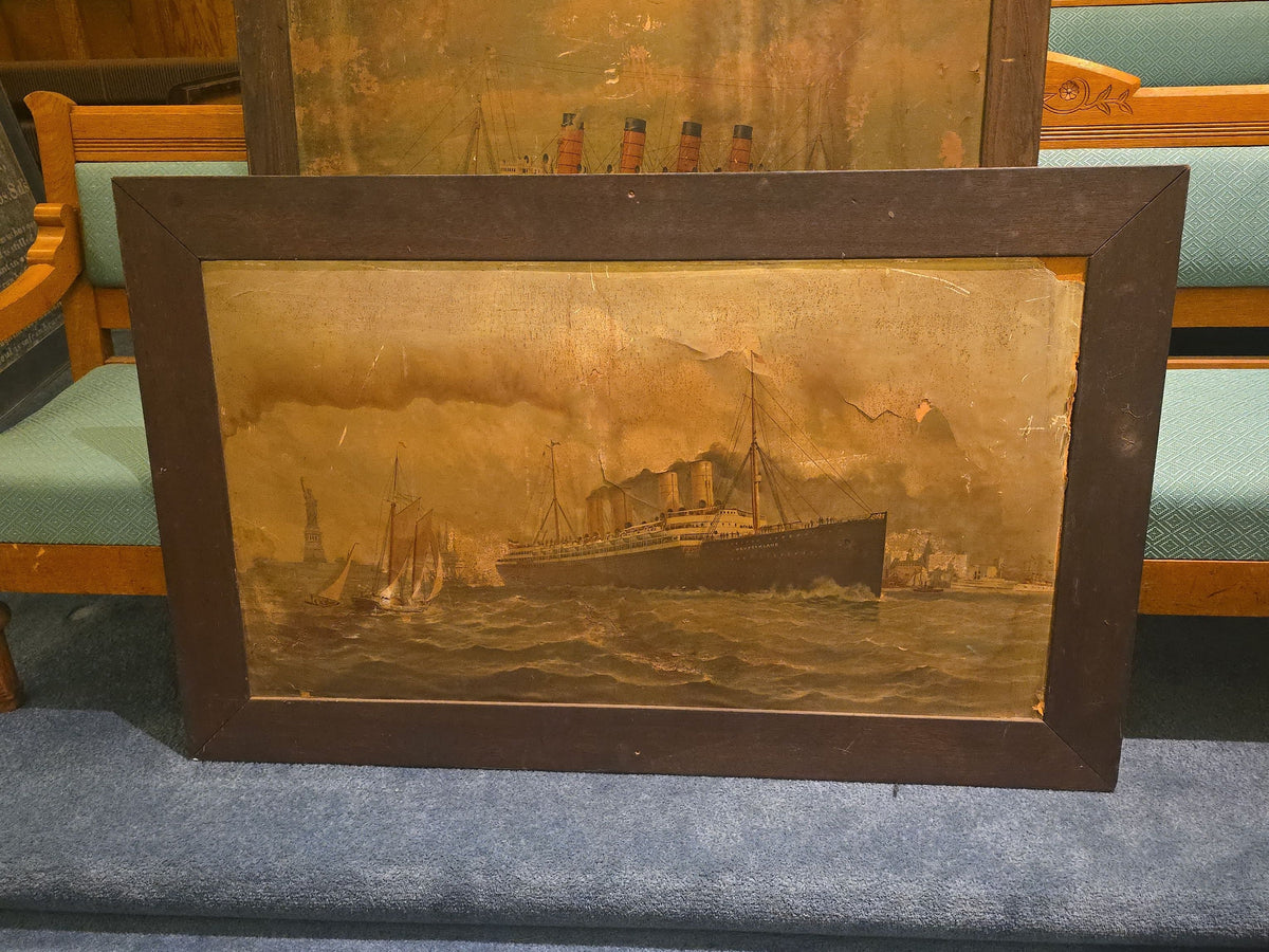 Pair of Antique Framed Ocean Liner Prints including Cunard Line Mauretania and S.S. Deutschland in New York Harbor, Note Poor Condition