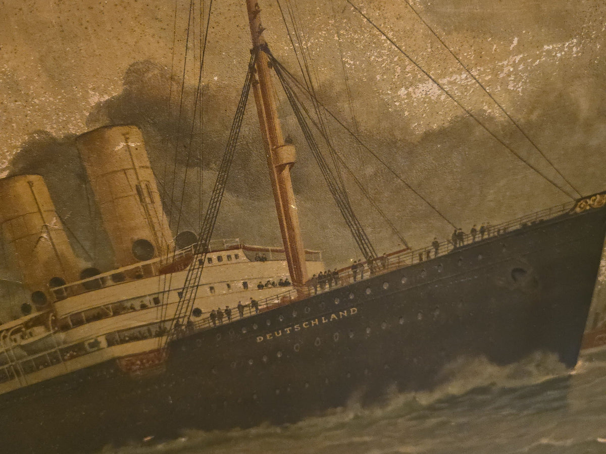 Pair of Antique Framed Ocean Liner Prints including Cunard Line Mauretania and S.S. Deutschland in New York Harbor, Note Poor Condition