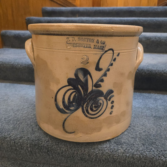 Antique F.B. Norton & Co., Worcester, Massachusetts Two-Gallon Stoneware Crock with Cobalt Floral Decoration, Note Damage