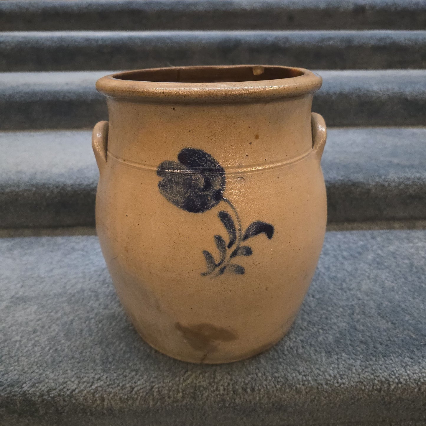 Antique Two-Gallon Stoneware Crock with Cobalt Floral Decoration, Note Damage