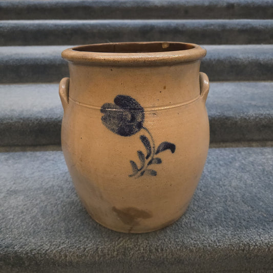 Antique Two-Gallon Stoneware Crock with Cobalt Floral Decoration, Note Damage