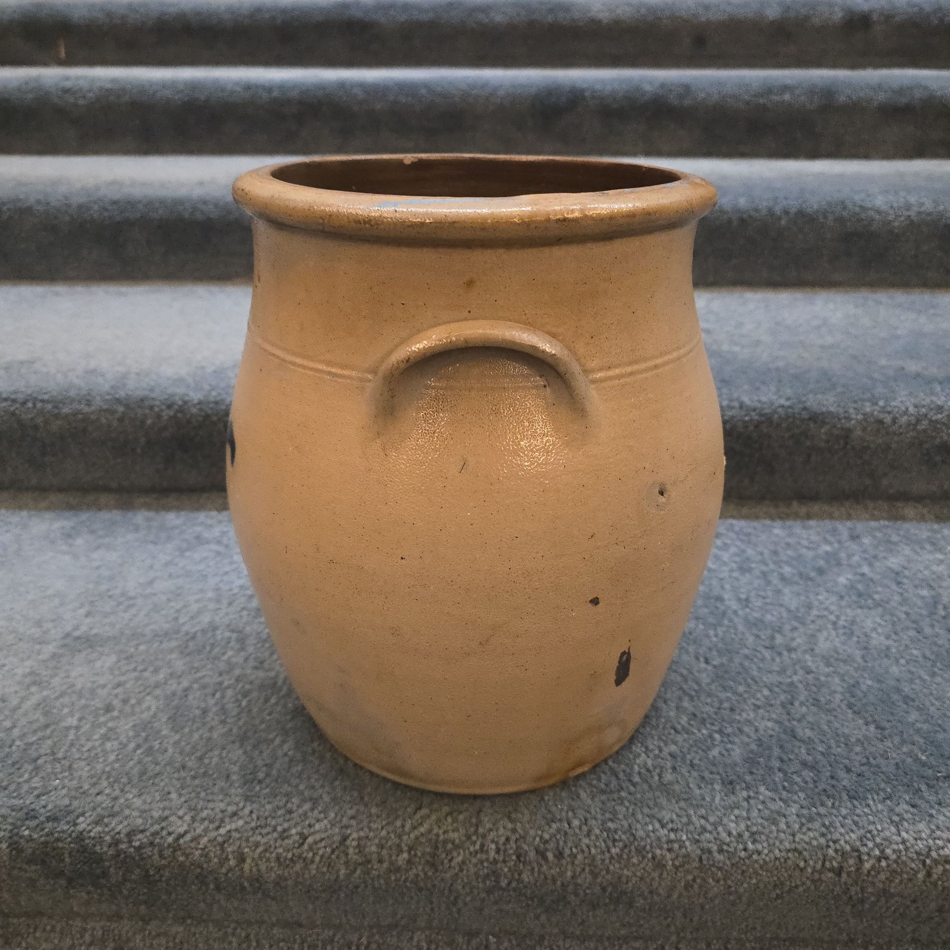 Antique Two-Gallon Stoneware Crock with Cobalt Floral Decoration, Note Damage