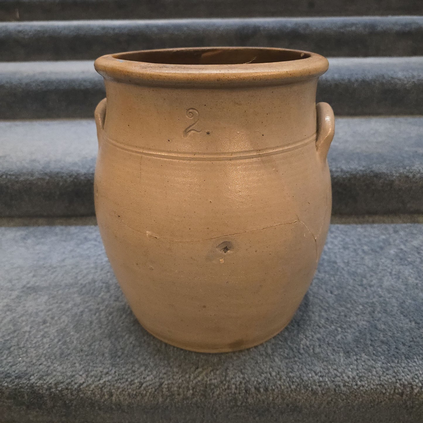 Antique Two-Gallon Stoneware Crock with Cobalt Floral Decoration, Note Damage