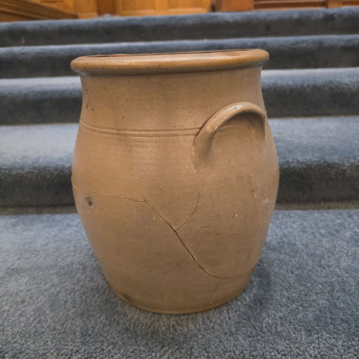 Antique Two-Gallon Stoneware Crock with Cobalt Floral Decoration, Note Damage