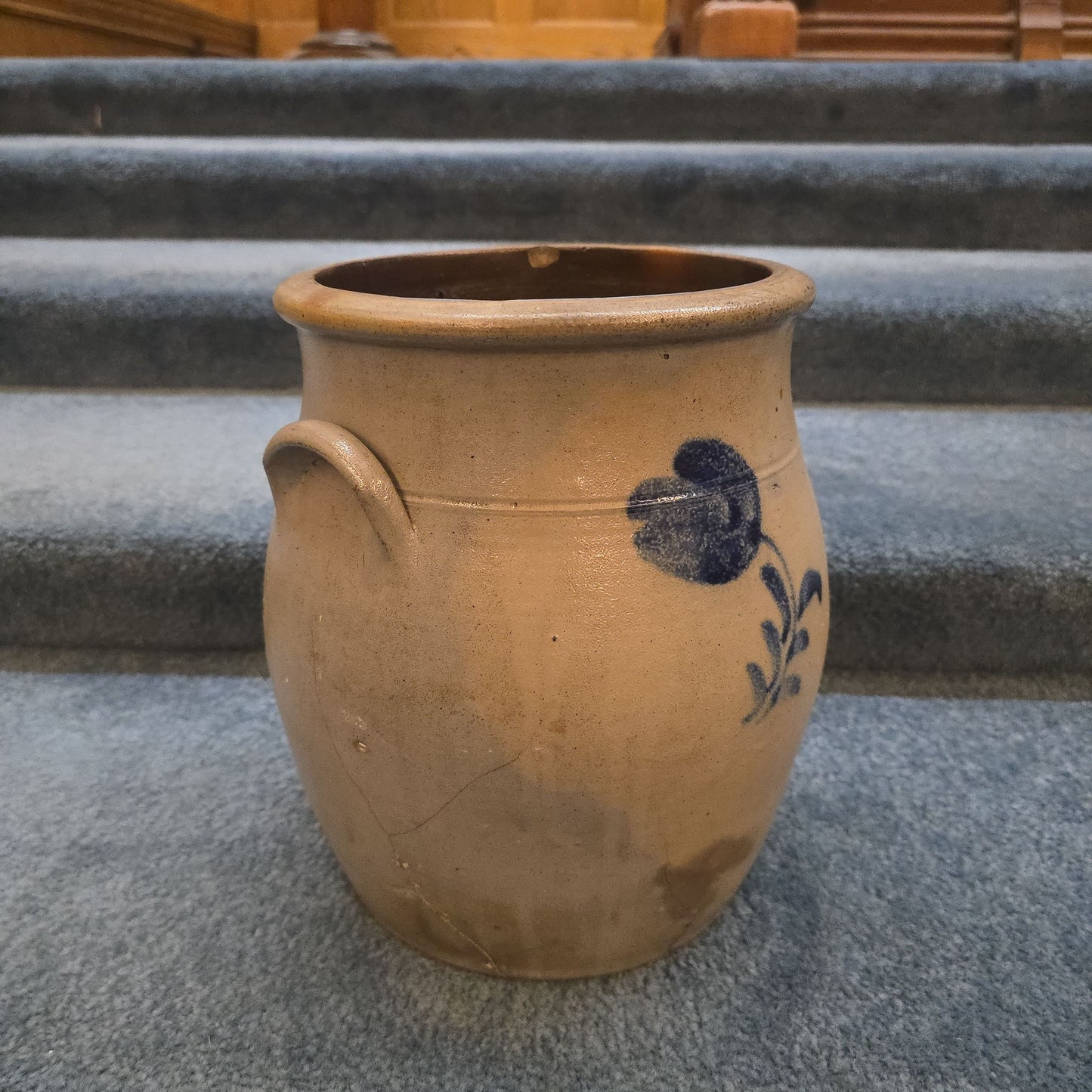 Antique Two-Gallon Stoneware Crock with Cobalt Floral Decoration, Note Damage