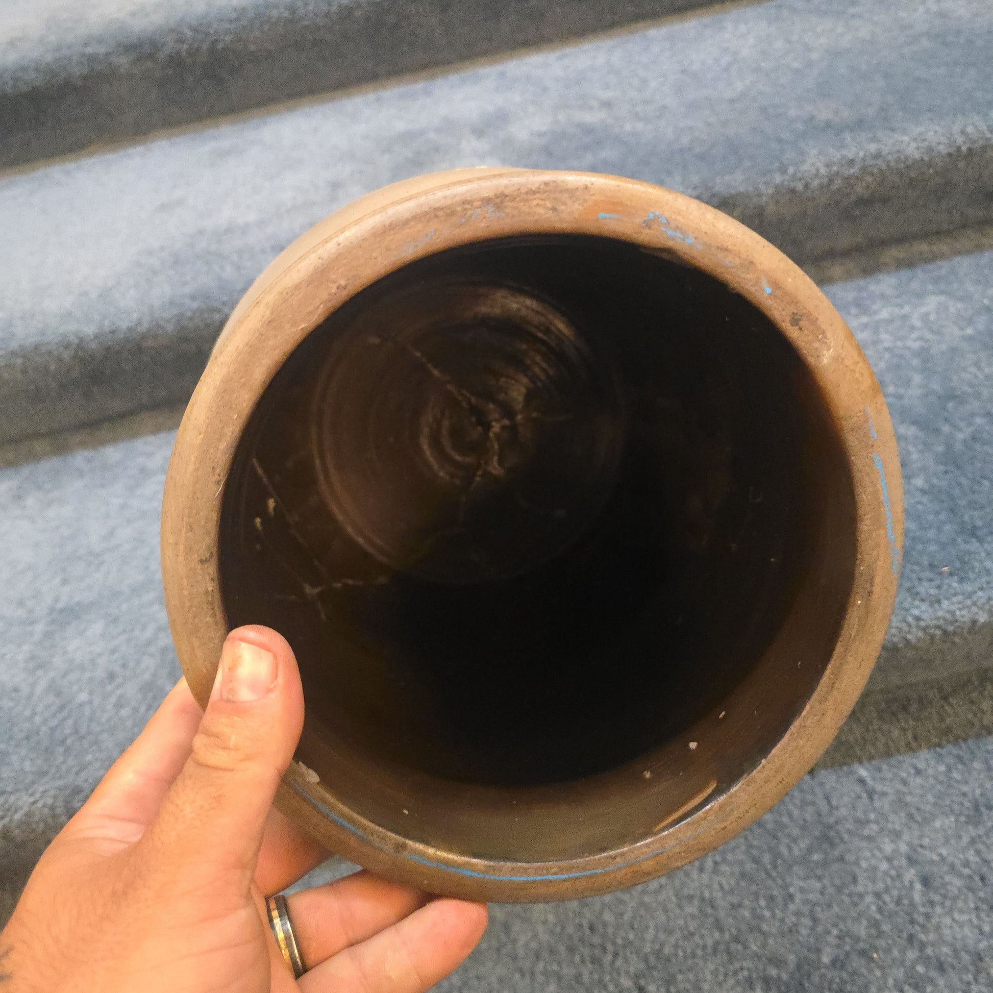 Antique Two-Gallon Stoneware Crock with Cobalt Floral Decoration, Note Damage