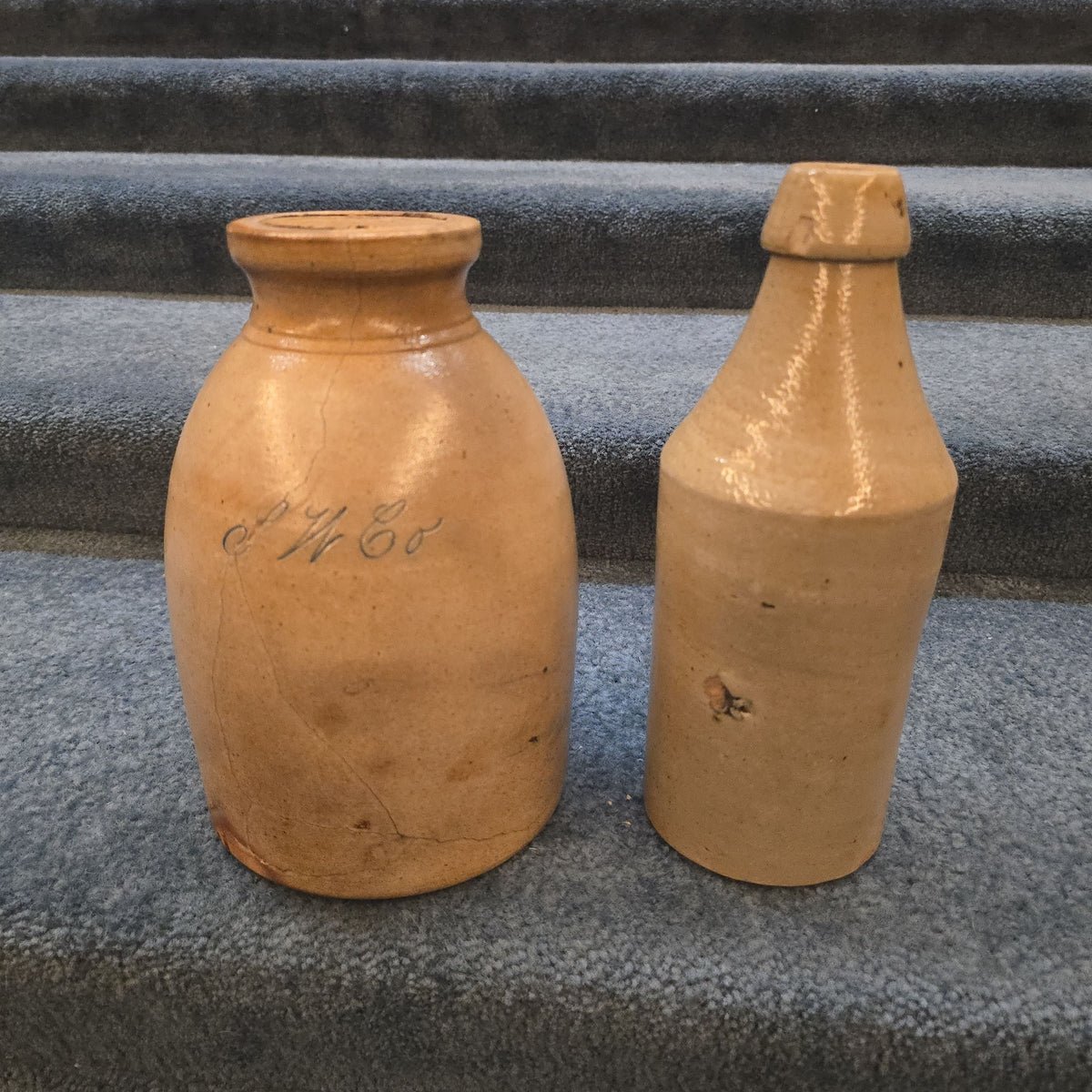 Trio of Antique Stoneware Pieces including an Incised Jar, Small Pitcher, and Bottle, Note Damage