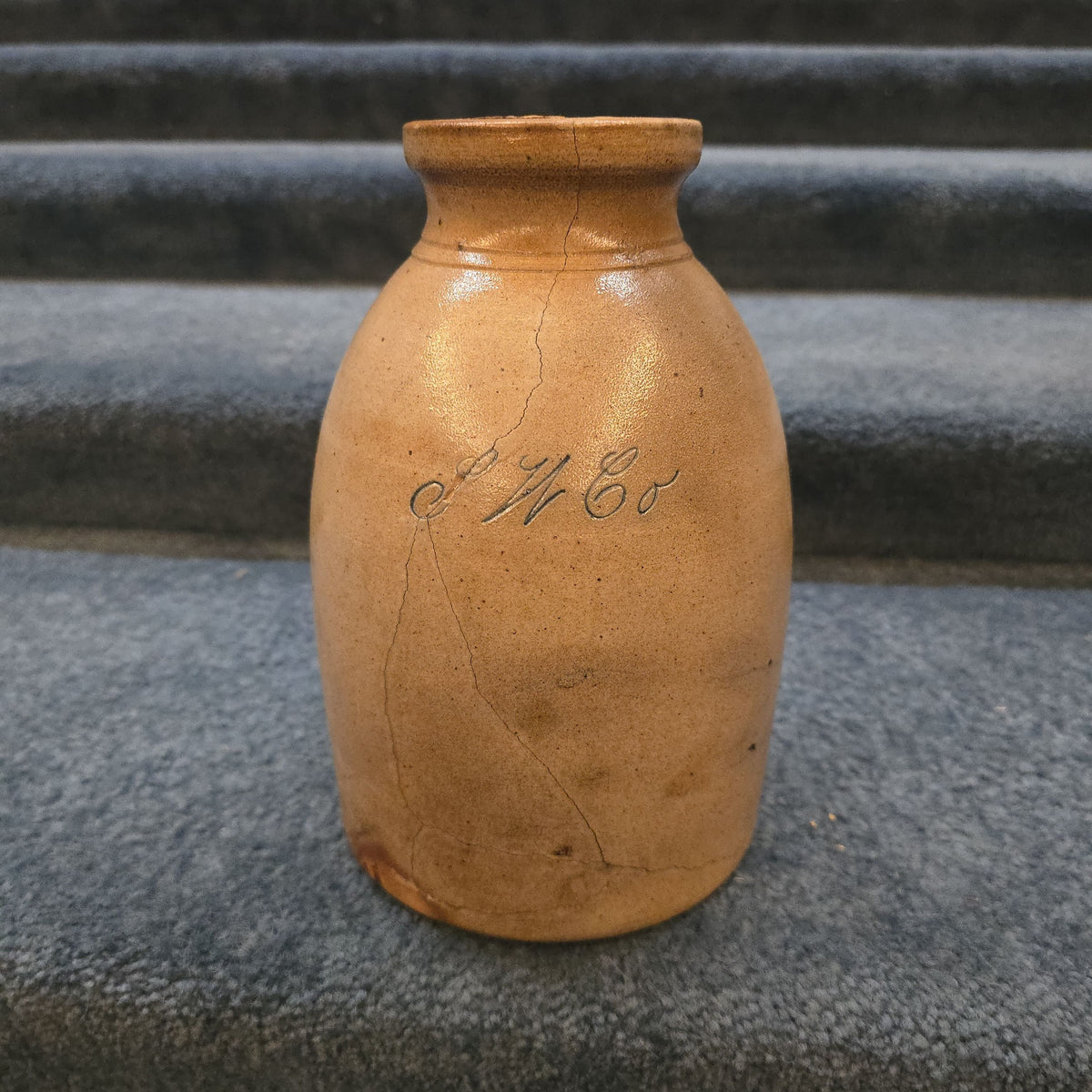 Trio of Antique Stoneware Pieces including an Incised Jar, Small Pitcher, and Bottle, Note Damage