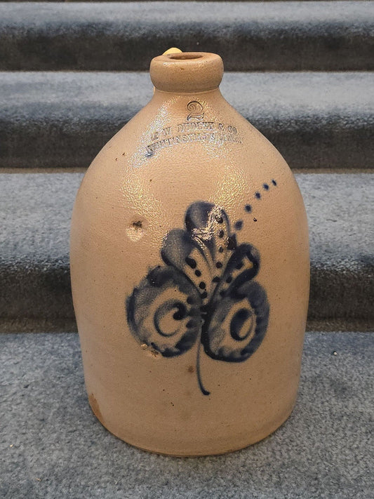 Antique P.W. Dudley & Co., Whitinsville, Massachusetts Two-Gallon Stoneware Jug with Cobalt Floral Decoration, Note Damage