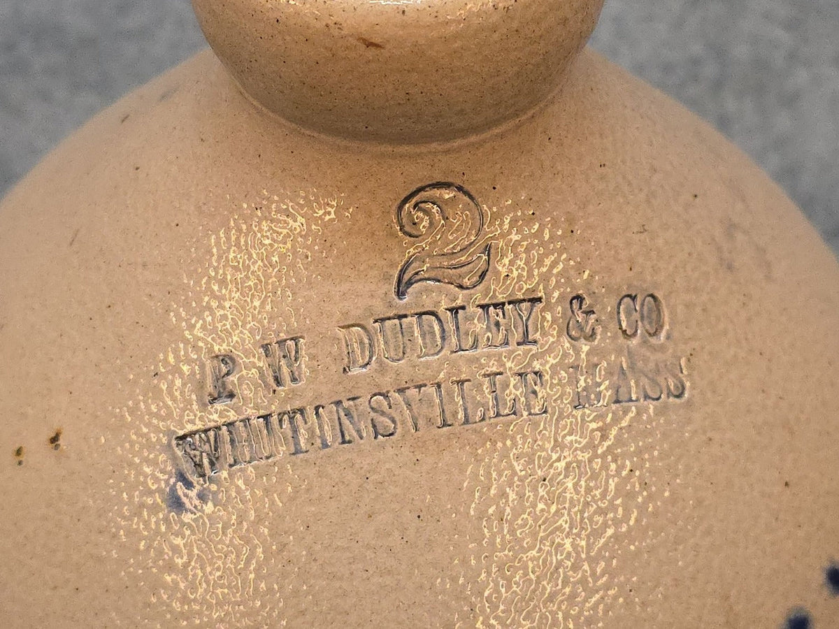 Antique P.W. Dudley & Co., Whitinsville, Massachusetts Two-Gallon Stoneware Jug with Cobalt Floral Decoration, Note Damage