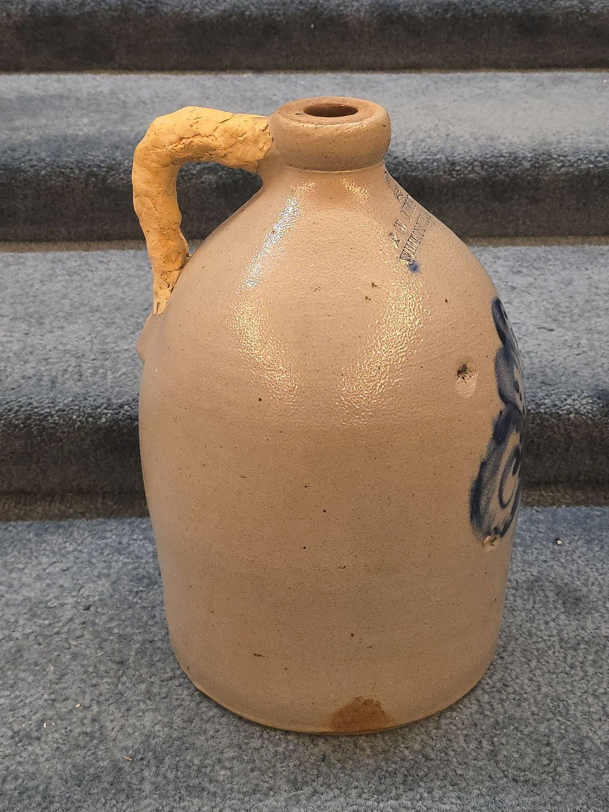 Antique P.W. Dudley & Co., Whitinsville, Massachusetts Two-Gallon Stoneware Jug with Cobalt Floral Decoration, Note Damage