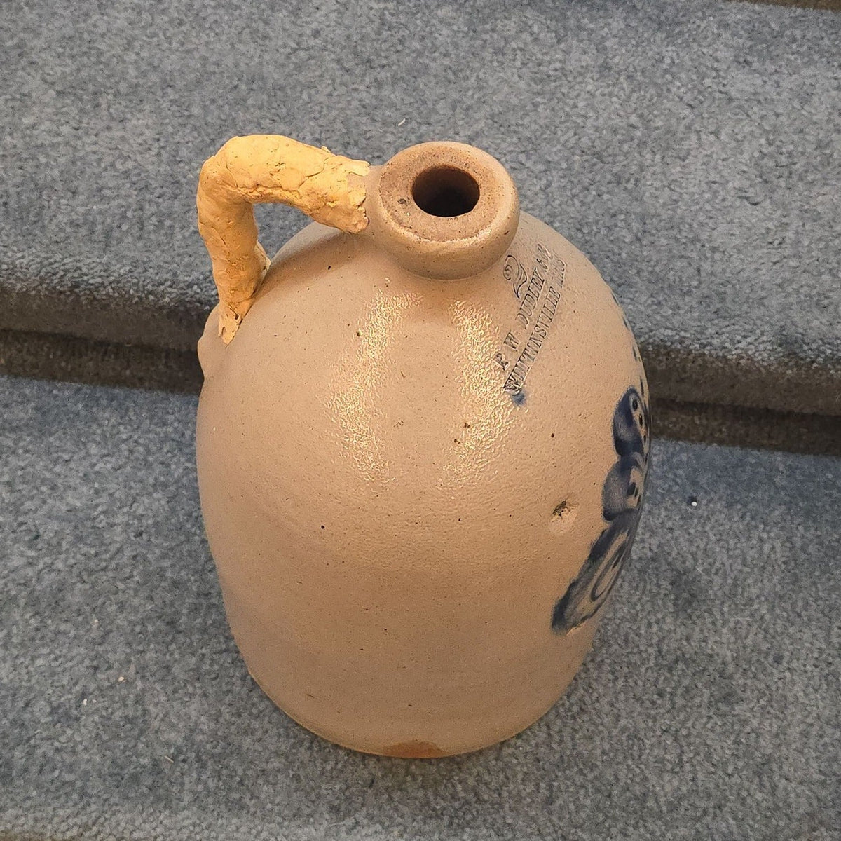 Antique P.W. Dudley & Co., Whitinsville, Massachusetts Two-Gallon Stoneware Jug with Cobalt Floral Decoration, Note Damage