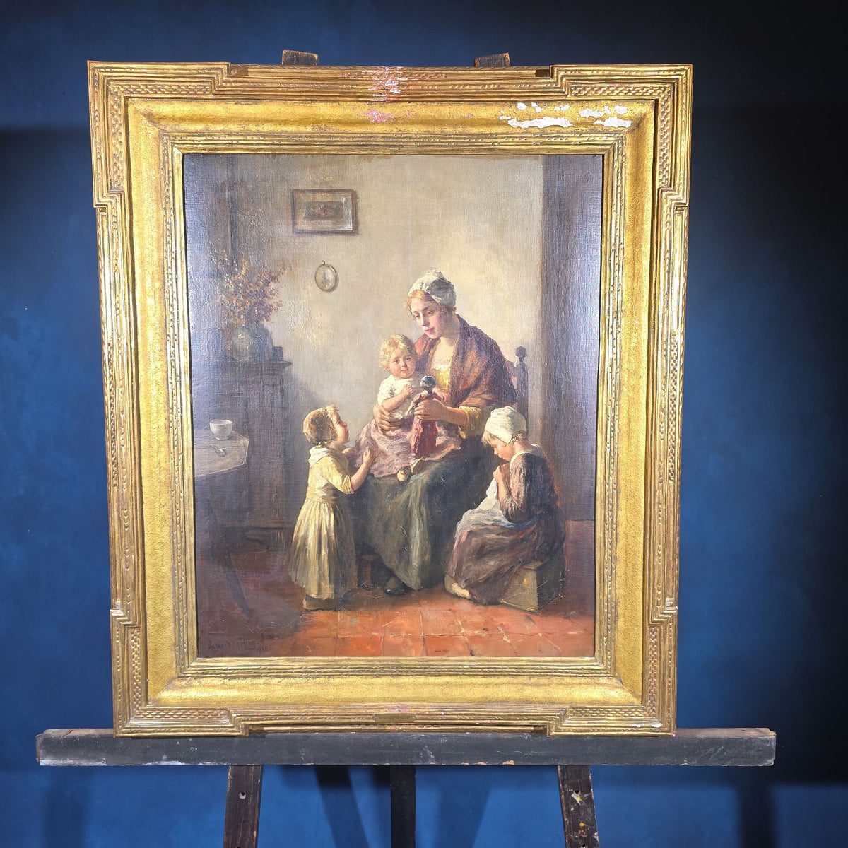 Antique Oil Painting on Canvas, Mother and Children with Doll in Dutch Interior, by Bernard De Hoog (Dutch, 1867-1943), Signed 1915