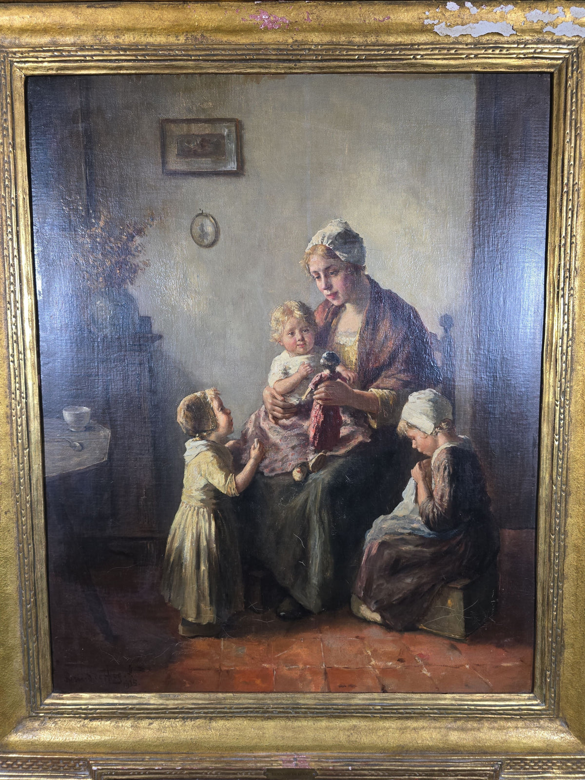 Antique Oil Painting on Canvas, Mother and Children with Doll in Dutch Interior, by Bernard De Hoog (Dutch, 1867-1943), Signed 1915