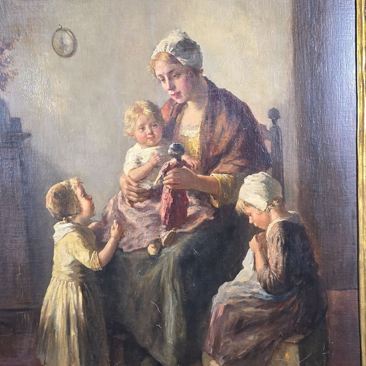 Antique Oil Painting on Canvas, Mother and Children with Doll in Dutch Interior, by Bernard De Hoog (Dutch, 1867-1943), Signed 1915
