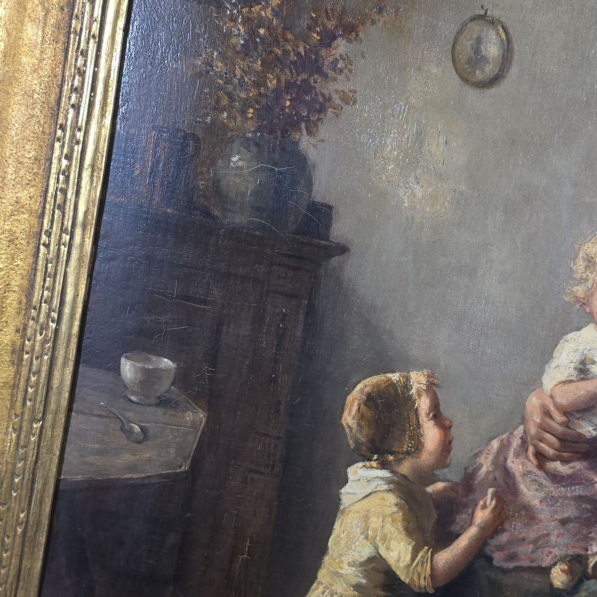 Antique Oil Painting on Canvas, Mother and Children with Doll in Dutch Interior, by Bernard De Hoog (Dutch, 1867-1943), Signed 1915