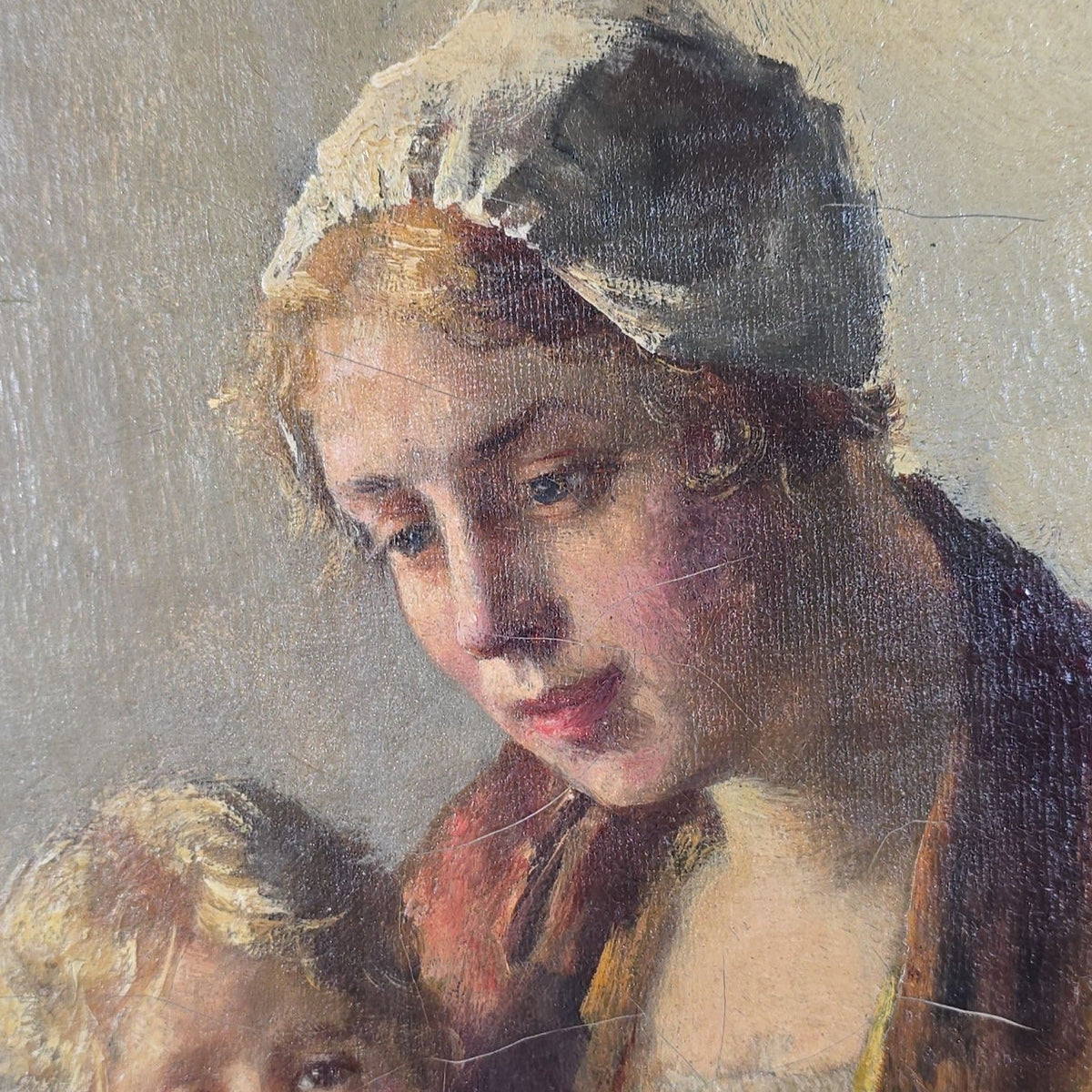 Antique Oil Painting on Canvas, Mother and Children with Doll in Dutch Interior, by Bernard De Hoog (Dutch, 1867-1943), Signed 1915