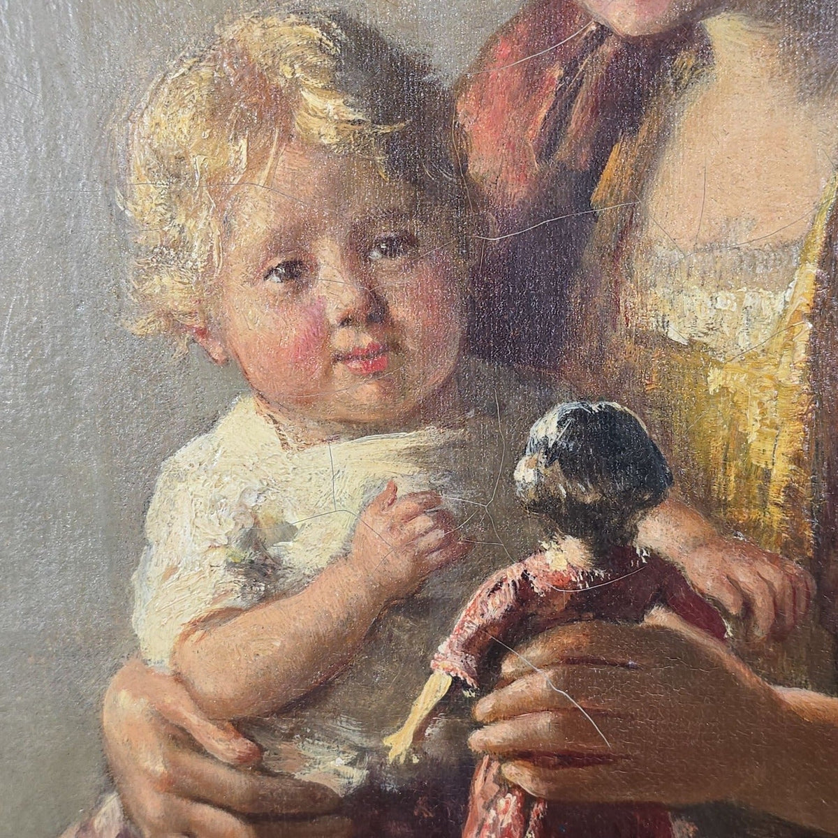 Antique Oil Painting on Canvas, Mother and Children with Doll in Dutch Interior, by Bernard De Hoog (Dutch, 1867-1943), Signed 1915