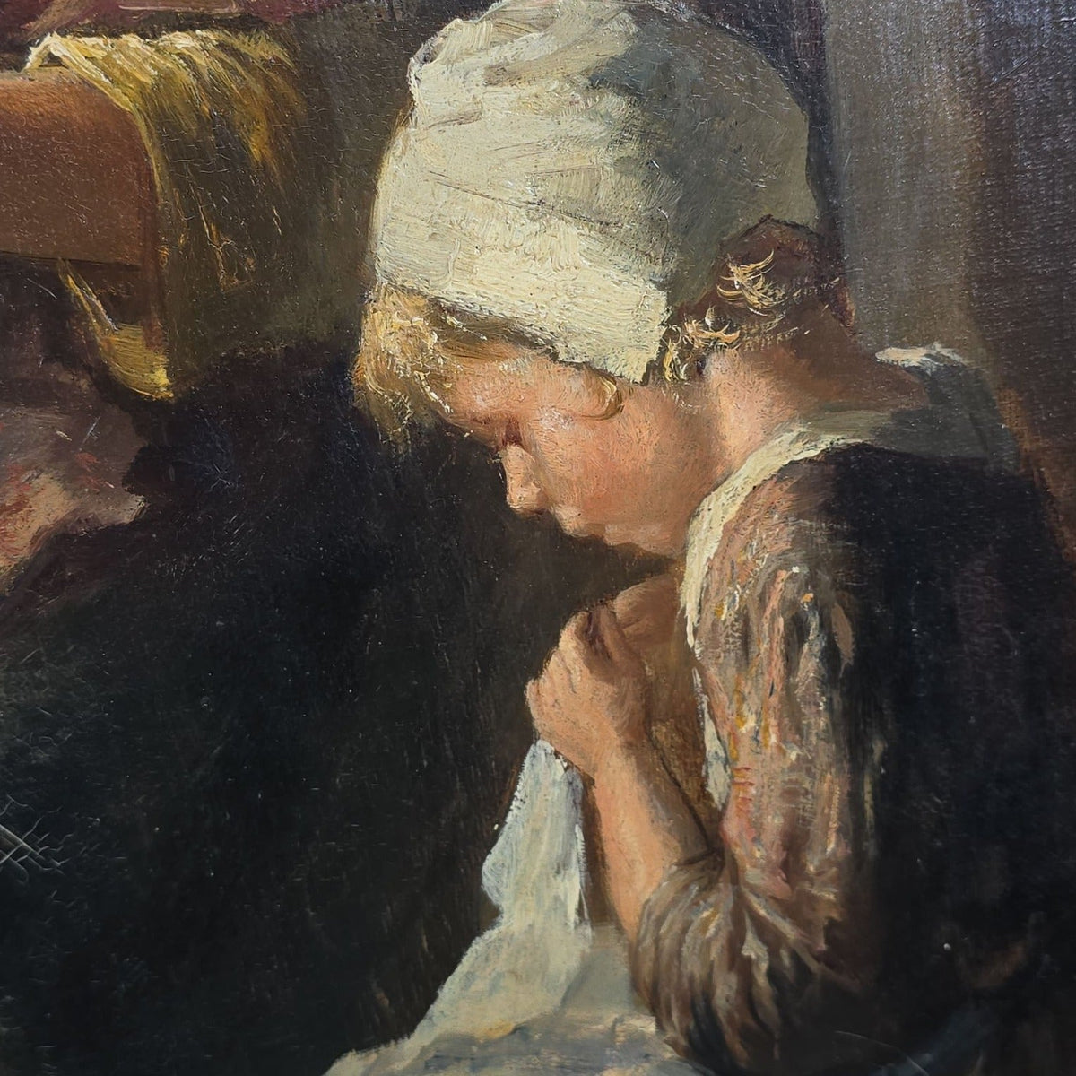 Antique Oil Painting on Canvas, Mother and Children with Doll in Dutch Interior, by Bernard De Hoog (Dutch, 1867-1943), Signed 1915
