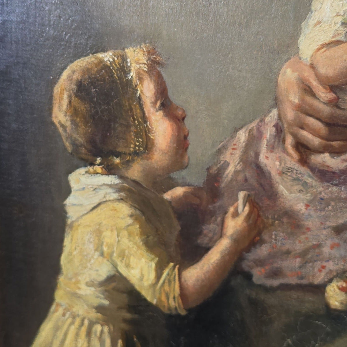 Antique Oil Painting on Canvas, Mother and Children with Doll in Dutch Interior, by Bernard De Hoog (Dutch, 1867-1943), Signed 1915