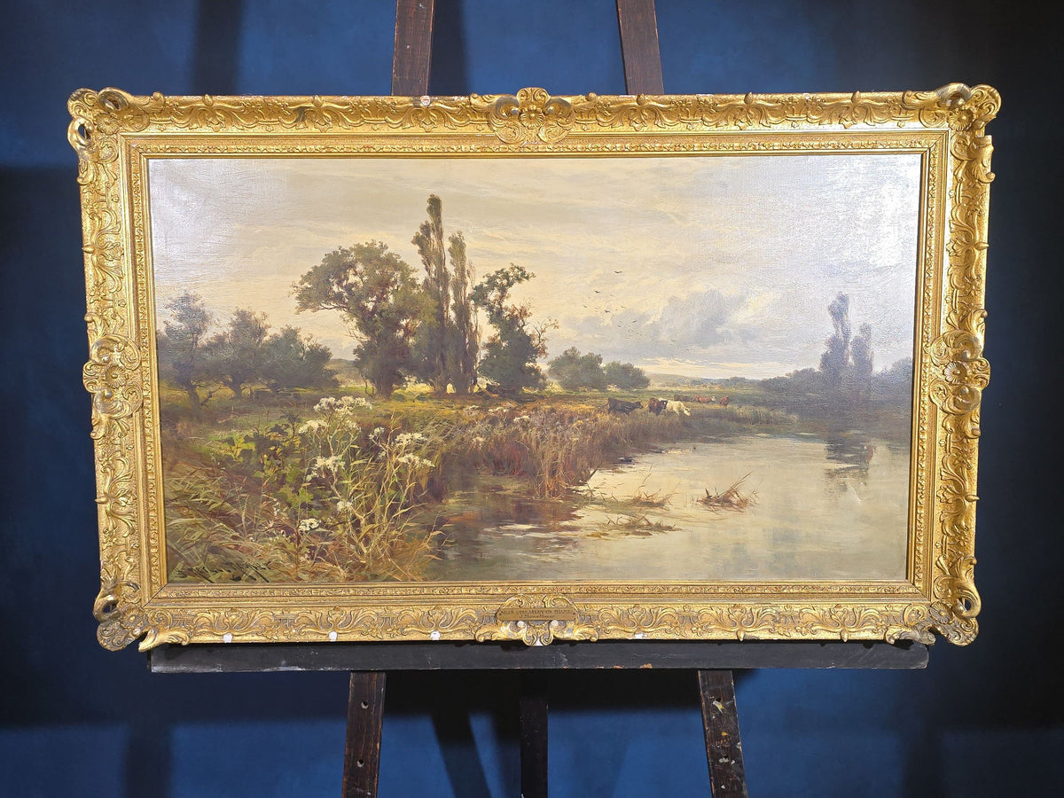 Antique Oil Painting on Canvas, "Near Streatley on Thames" by J. Horace Hooper (British 1851-1906), Signed