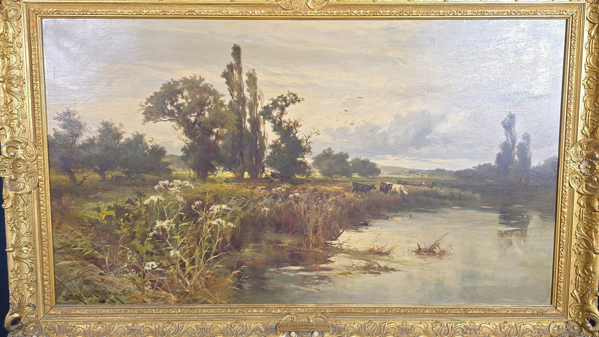 Antique Oil Painting on Canvas, "Near Streatley on Thames" by J. Horace Hooper (British 1851-1906), Signed