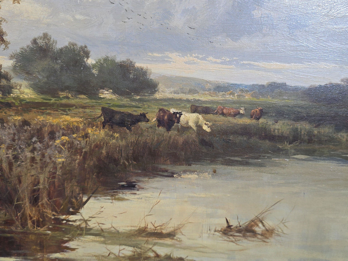Antique Oil Painting on Canvas, "Near Streatley on Thames" by J. Horace Hooper (British 1851-1906), Signed