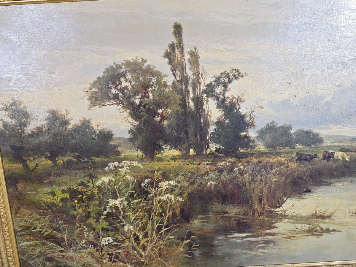 Antique Oil Painting on Canvas, "Near Streatley on Thames" by J. Horace Hooper (British 1851-1906), Signed