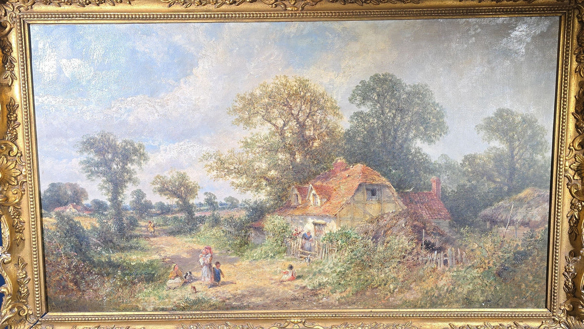 Antique Oil Painting on Canvas, "Cottages Near Colchester" by James E. Meadows (British, 1828-1888), Signed