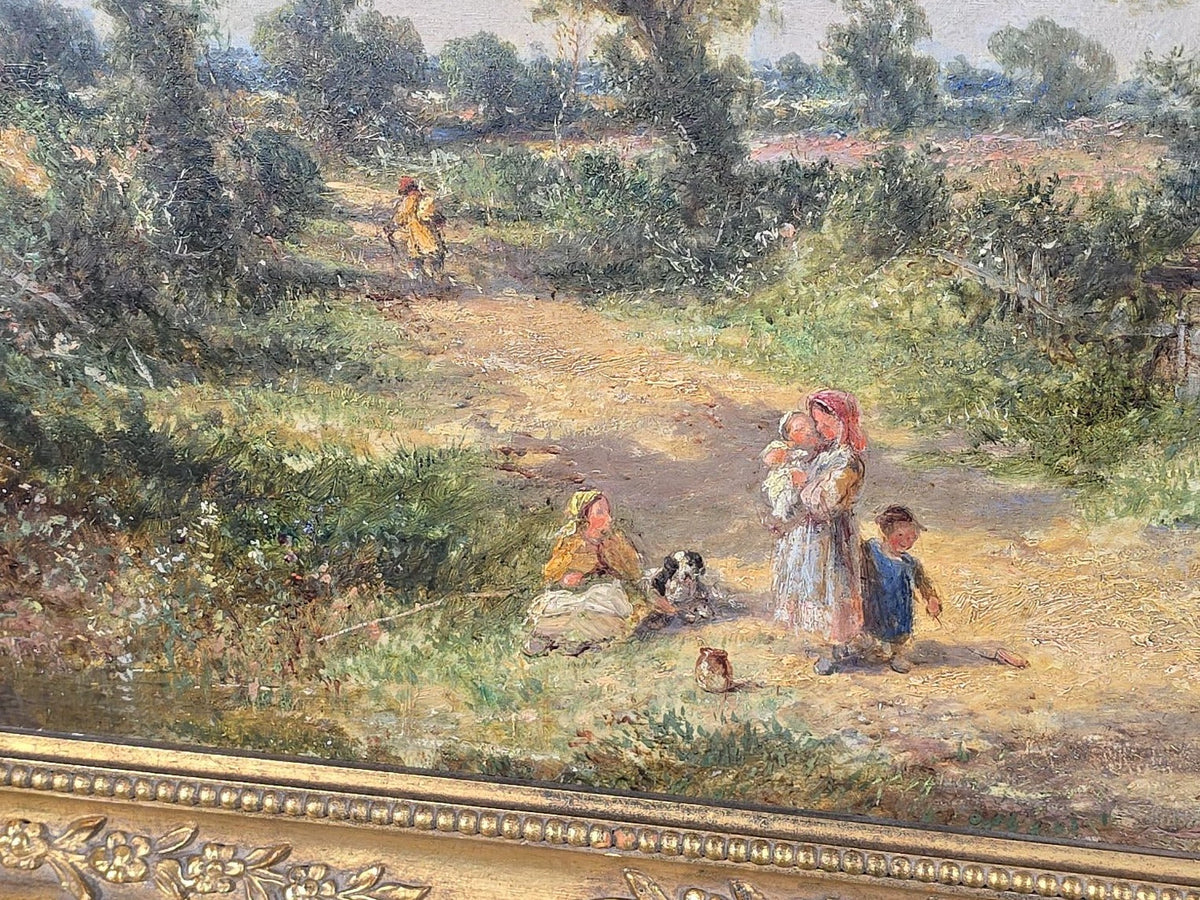 Antique Oil Painting on Canvas, "Cottages Near Colchester" by James E. Meadows (British, 1828-1888), Signed