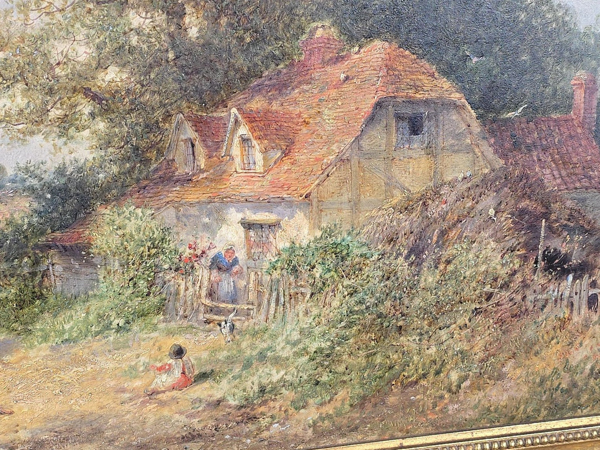 Antique Oil Painting on Canvas, "Cottages Near Colchester" by James E. Meadows (British, 1828-1888), Signed