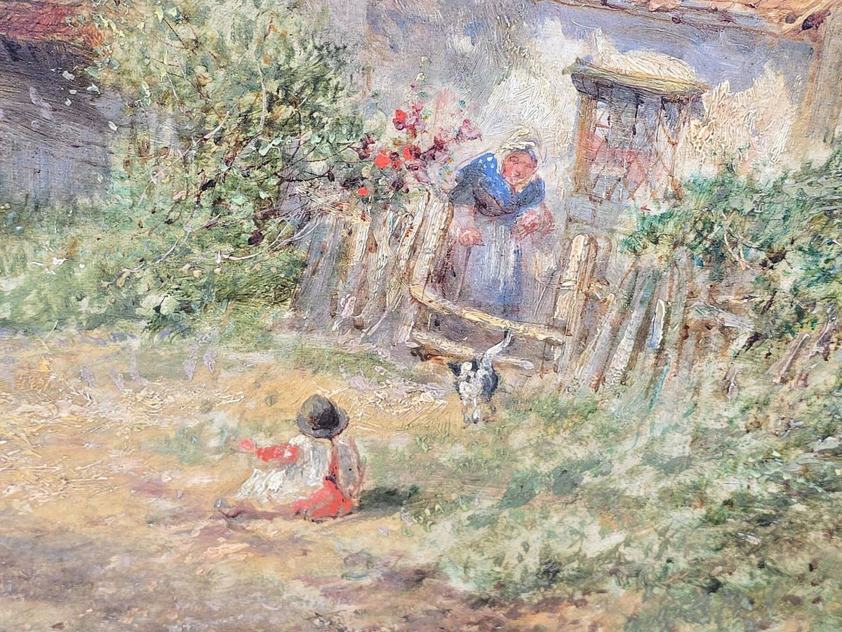 Antique Oil Painting on Canvas, "Cottages Near Colchester" by James E. Meadows (British, 1828-1888), Signed