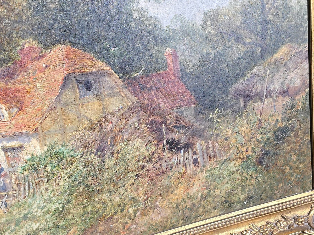 Antique Oil Painting on Canvas, "Cottages Near Colchester" by James E. Meadows (British, 1828-1888), Signed