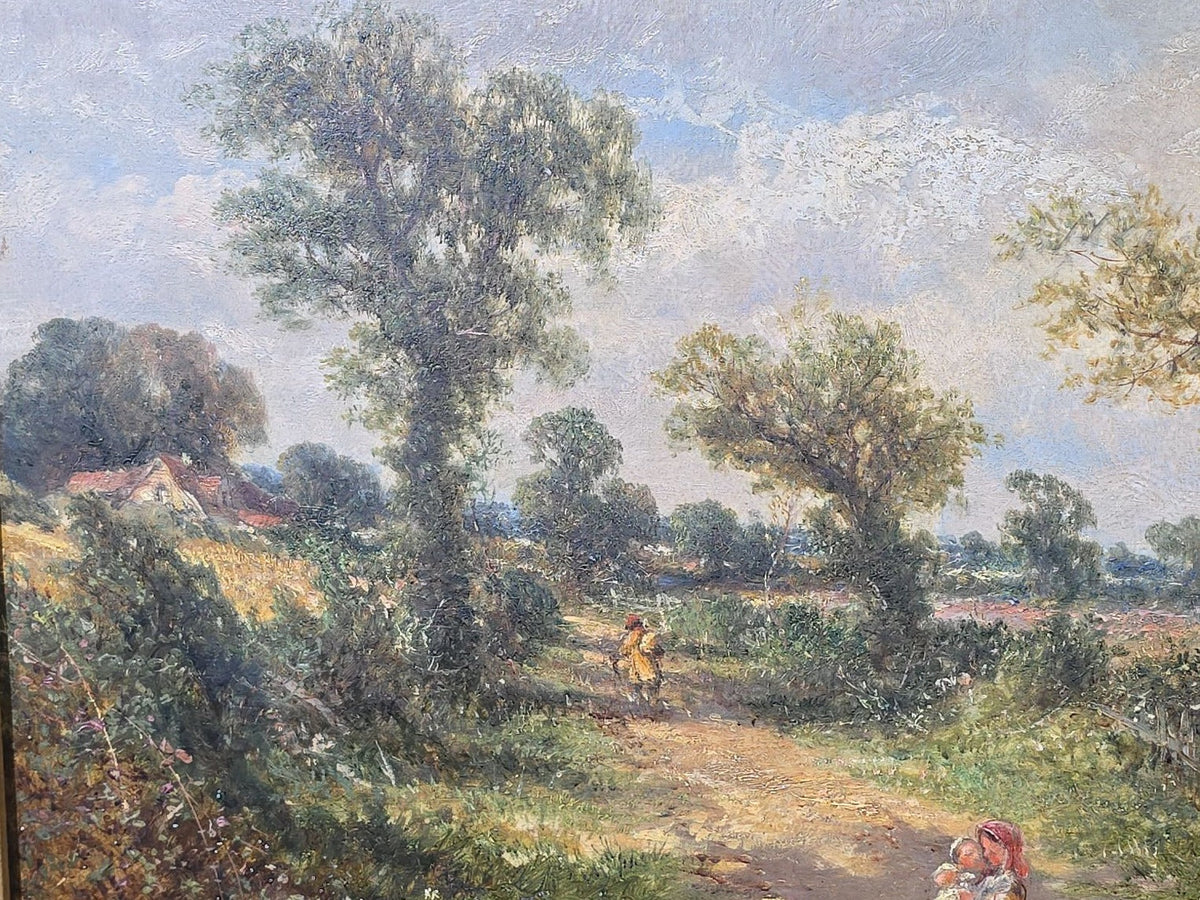 Antique Oil Painting on Canvas, "Cottages Near Colchester" by James E. Meadows (British, 1828-1888), Signed