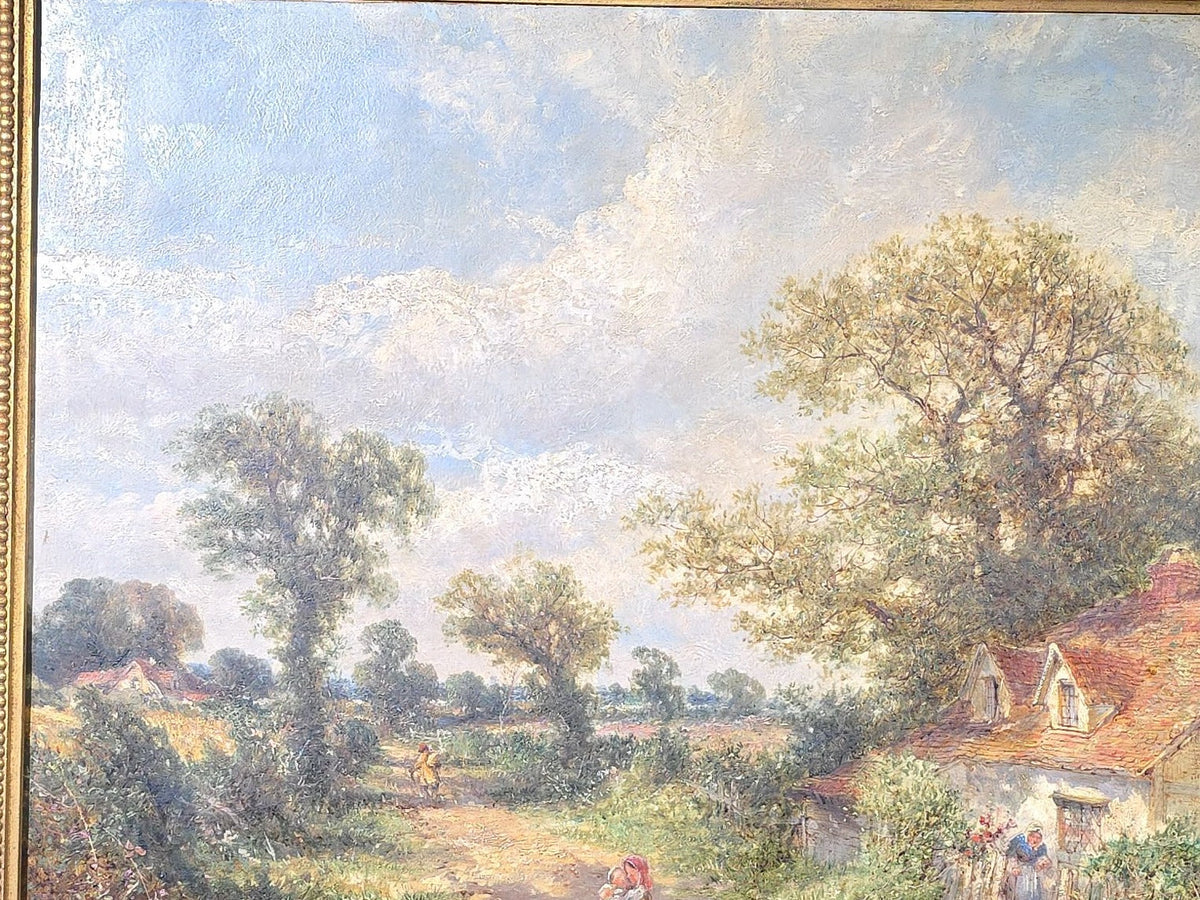 Antique Oil Painting on Canvas, "Cottages Near Colchester" by James E. Meadows (British, 1828-1888), Signed